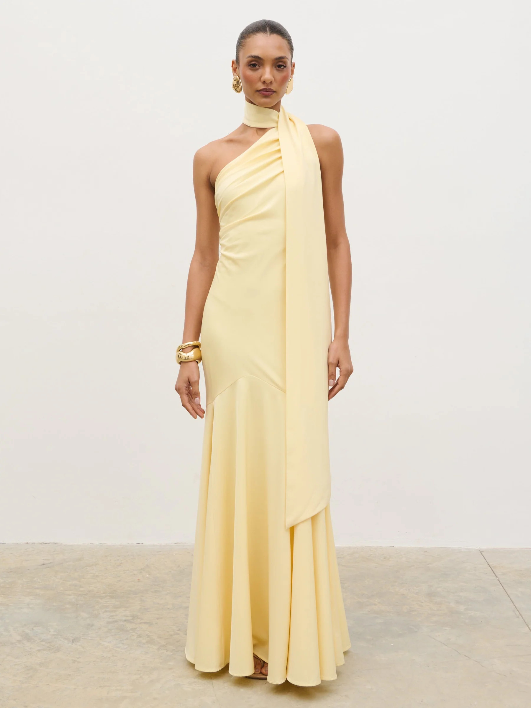Porto One Shoulder Godet Maxi Dress - Lemon | Pretty Lavish (UK)