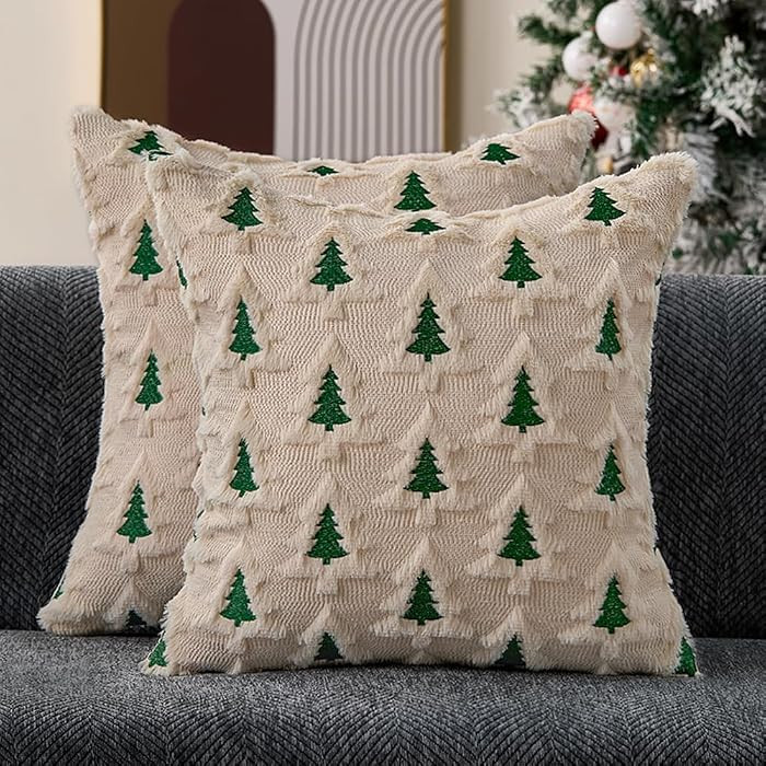 Allorry Christmas Pillow Covers 18x18 Set of 2 Beige Double Xmas Tree Pillow Covers Soft Plush Fa... | Amazon (US)
