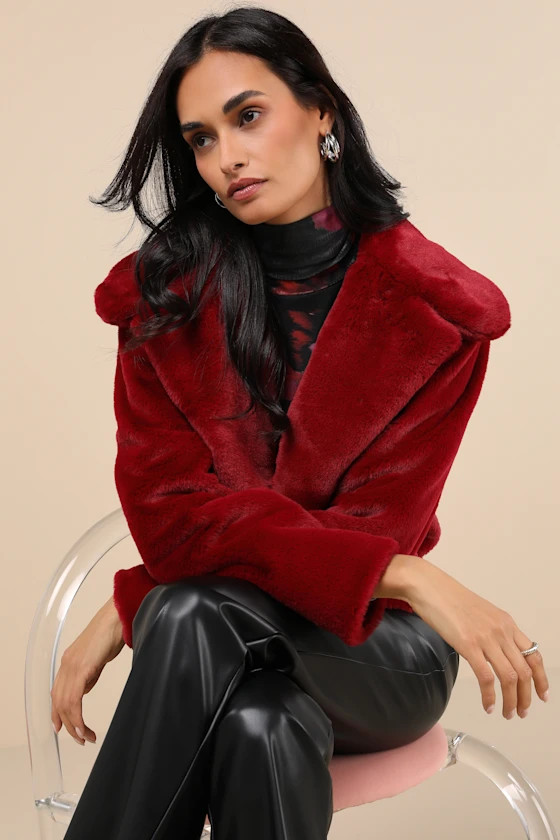 Cuddly Sensation Wine Red Faux Fur Cropped Jacket | Lulus