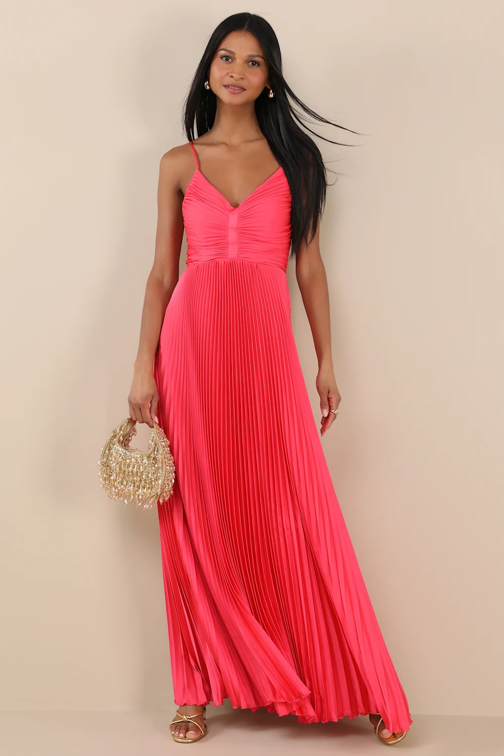 Dreaming in Color Coral V-Neck Pleated Satin Maxi Dress | Lulus