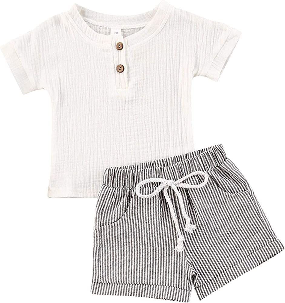 Baby Boys 2Pcs Summer Outfits Short Sleeve T-Shirt Tops Elastic Waistband Shorts Set Toddler Clothes | Amazon (US)
