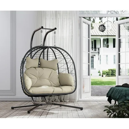 Bifanuo Double Wicker Swing Egg Chair Hammock Foldable Hanging Loveseat with Stand, UV Resistant Removable Cushions, 700LBS Capacity for Bedroom, Balcony (Black and Beige) | Walmart (US)