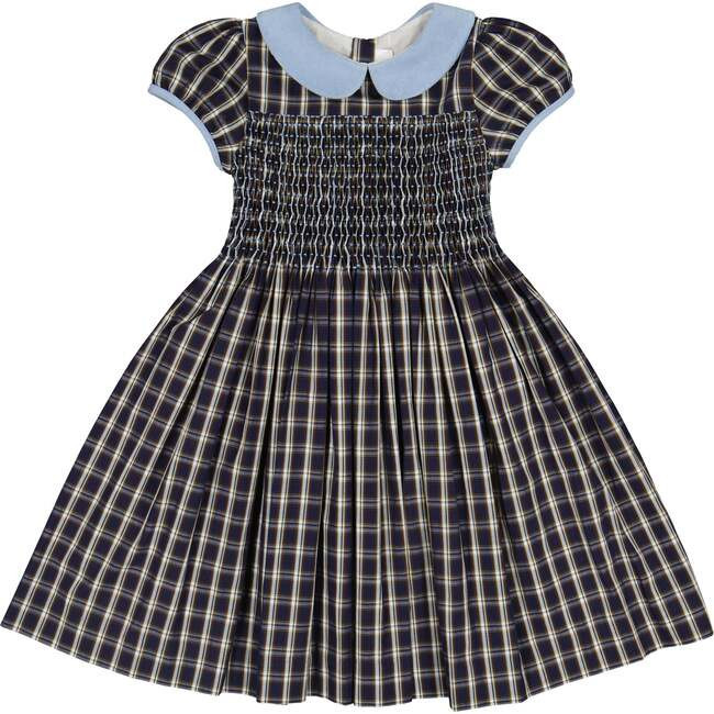 Angelica Short Sleeve Tartan Smocked Dress, Navy | Maisonette