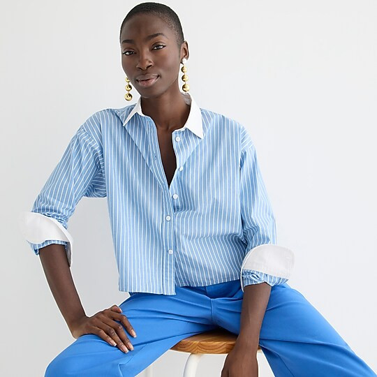 Relaxed-fit cropped cotton poplin shirt in easy stripe | J. Crew US