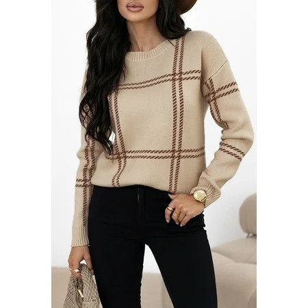 Redhotype Elegant Plaid Knit Sweater - Timeless Casual Style Drop Shoulder Chic! | Walmart (US)