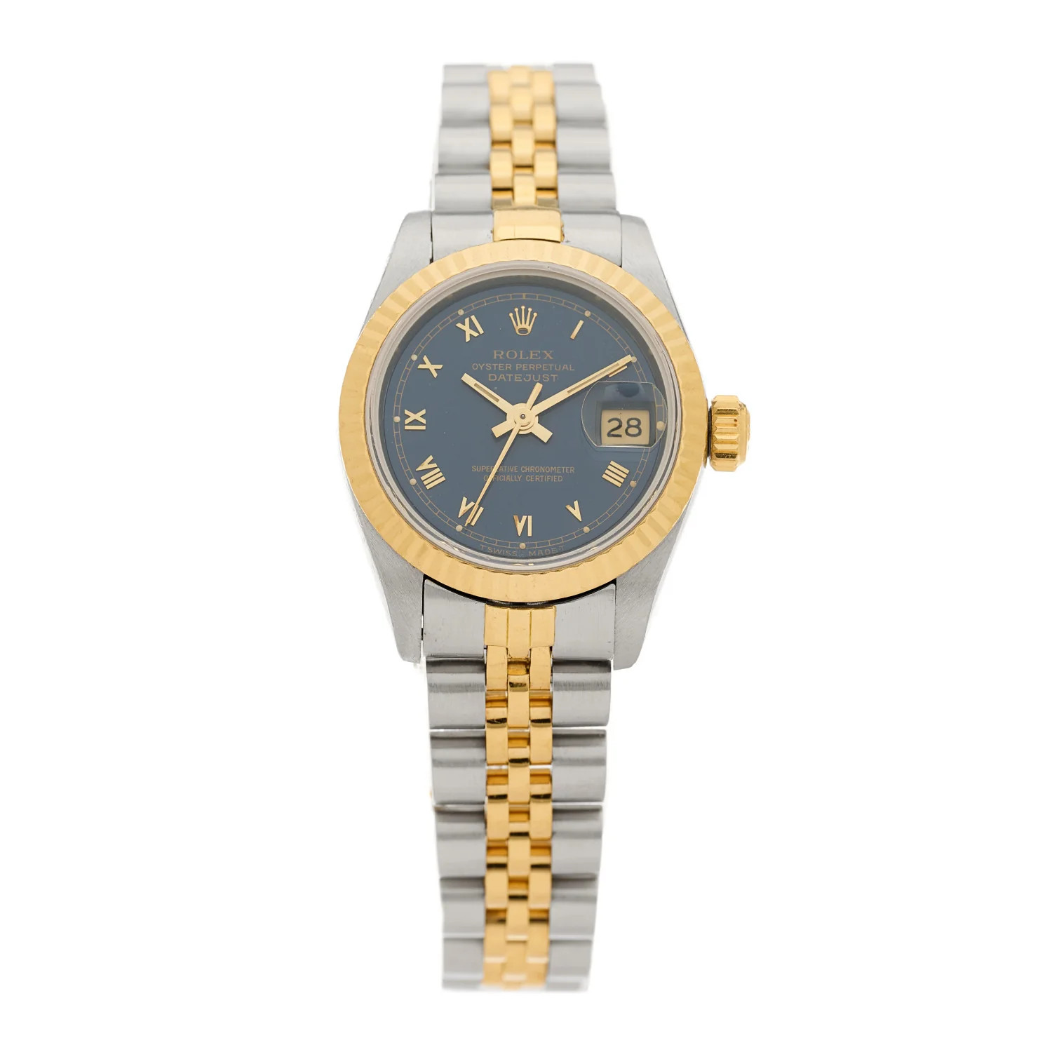 Stainless Steel 18K Yellow Gold 26mm Oyster Perpetual Datejust Watch Blue Roman 69173 | FASHIONPHILE (US)