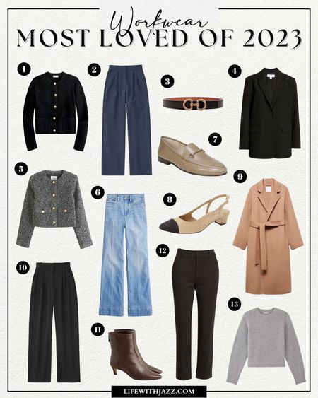 My most loved items of 2023: workwear edition 

1. Jcrew Emilie sweater jacket - xs, love the quality, warm & comfortable
2. Abercrombie Sloane Tailored pants - under $100, available in many colors + inseams, I wear a size 25 in the regular inseam [im 5’4”, if you’re under that or have shorter legs, I recommend the petite inseam] 
3. Edited pieces mini reversible belt 
4. Nordstrom boyfriend blazer 
5. Abercrombie textured jacket 
6. Jcrew denim trousers - I wear a size 25 in the classic length, however I do think petite would have been better 
7. Sam Edelman Lorraine loafers 
8. Aliz slingback heels 
9. Mango camel coat - unlined, I wear xs 
10. Abercrombie crepe tailored pants - runs a little rigjt on the waist, could size up 
11. Jcrew Stevie ankle booties - very comfortable 
12. Wit & wisdom crop trousers - under $100
13. Everlane boxy cashmere crew 

Workwear / bestsellers / coat / jeans / jacket / boots / loafers  

#LTKworkwear