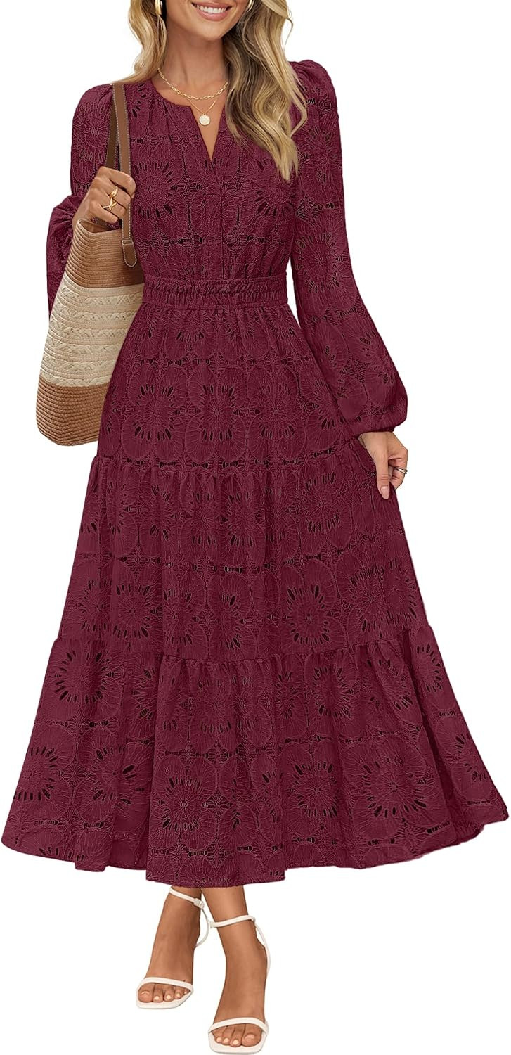 MEROKEETY Women's Fall Long Sleeve Eyelet Lace Floral Maxi Dress | Amazon (US)