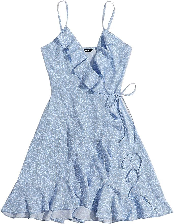 SheIn Women's Summer Sleeveless Ruffle Self Tie Wrap Short Dress | Amazon (US)