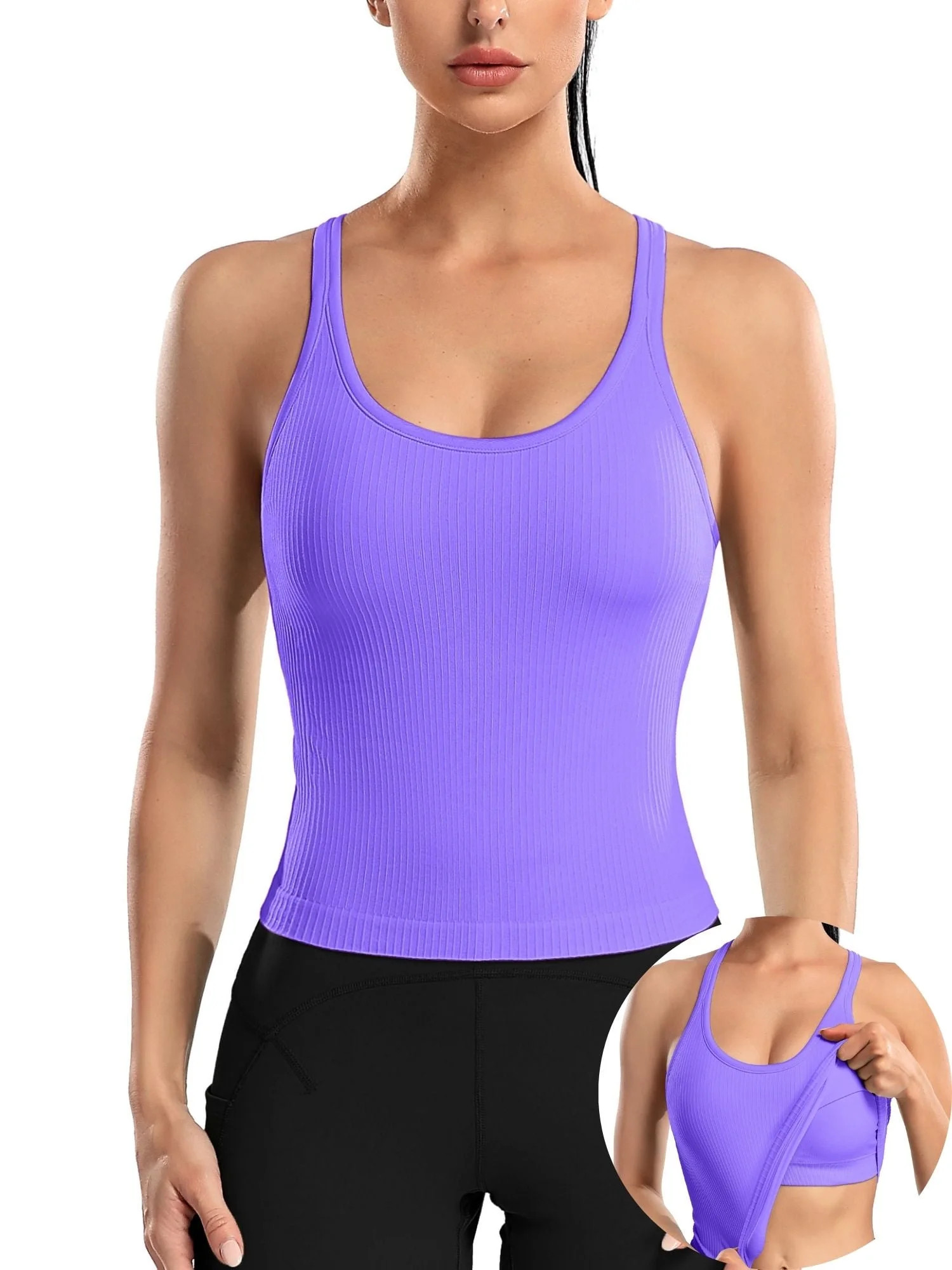Anferry Ribbed Yoga Sports Tanks for Womens Workout Built in Bra Racerback Top | Walmart (US)