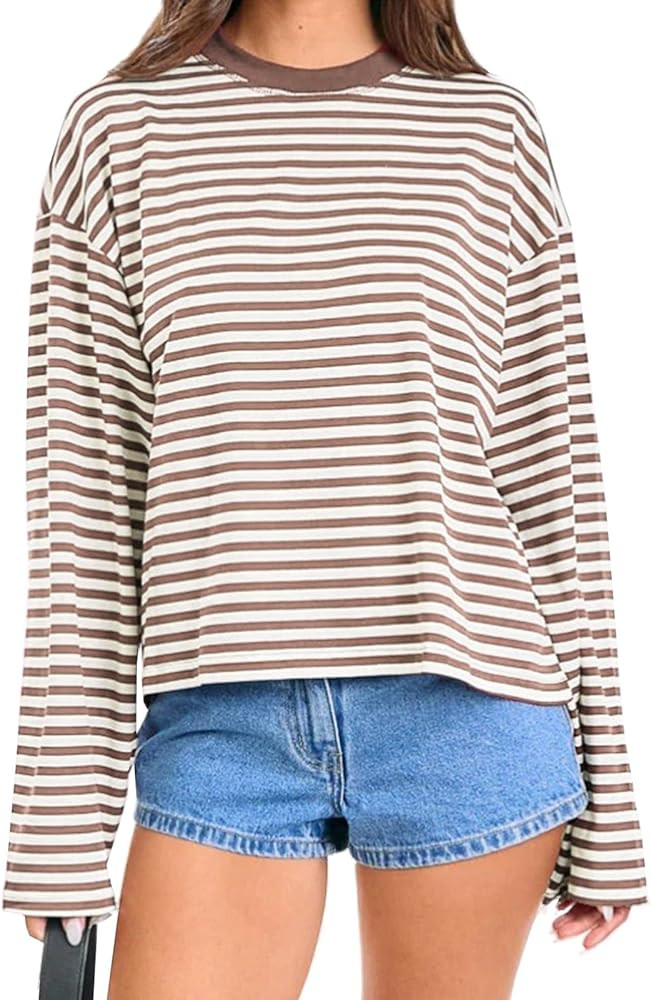 Striped Long Sleeve Shirt Women Oversized Sweatshirt Baggy Tee Shirts Crewneck Pullover Y2K Tops | Amazon (US)