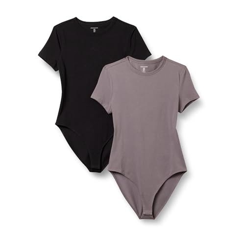 Amazon Essentials Women's Stretch Cotton Jersey Slim-Fit T-Shirt Bodysuit, Pack of 2, Black/Grey, Small | Amazon (US)