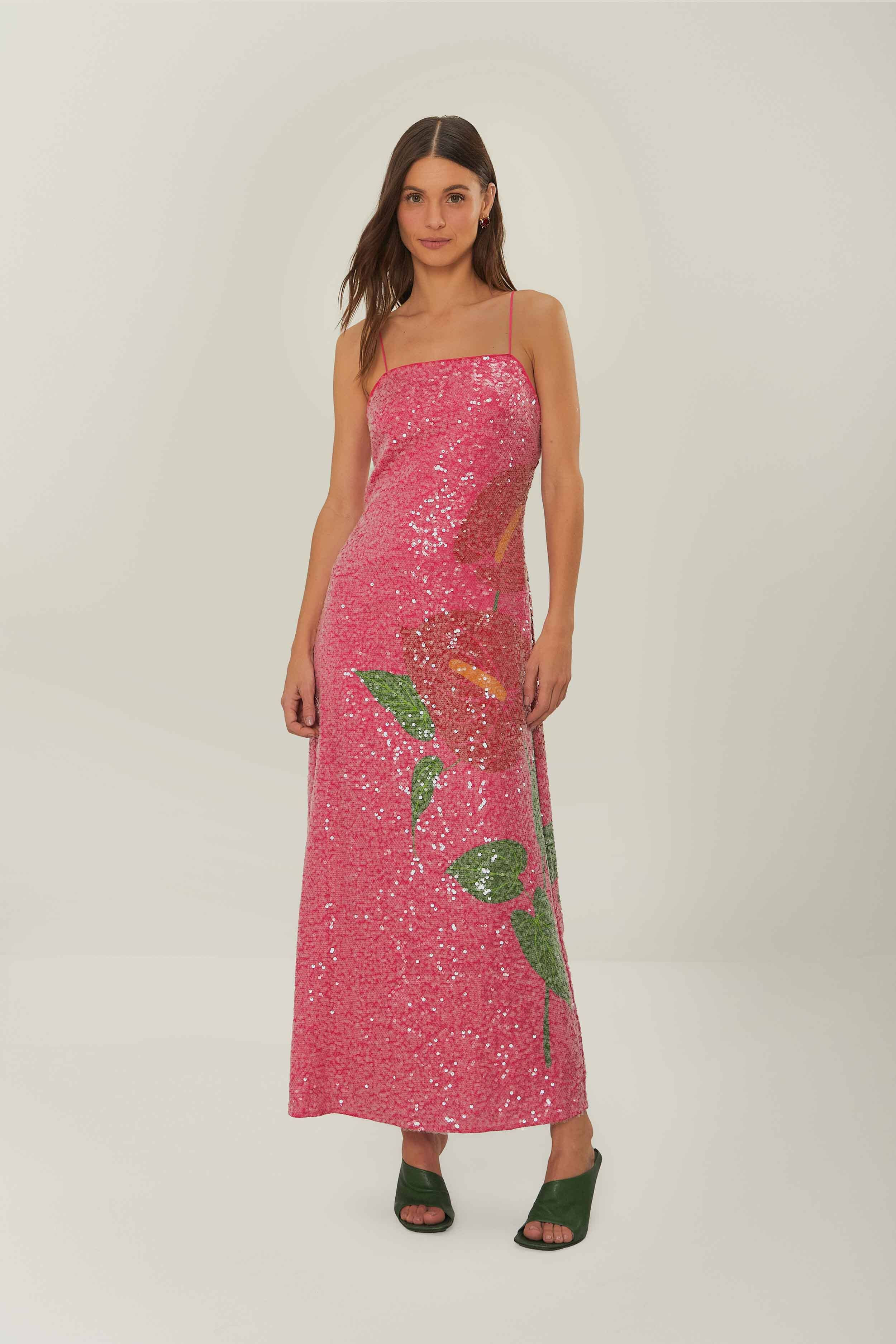 Pink Anthurium Flowers Slip Maxi Dress | FarmRio (US)