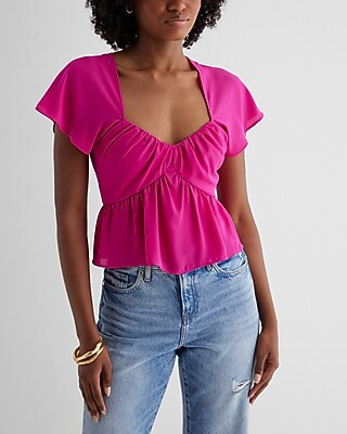 Sweetheart Neckline Peplum Flutter Sleeve Cropped Top | Express