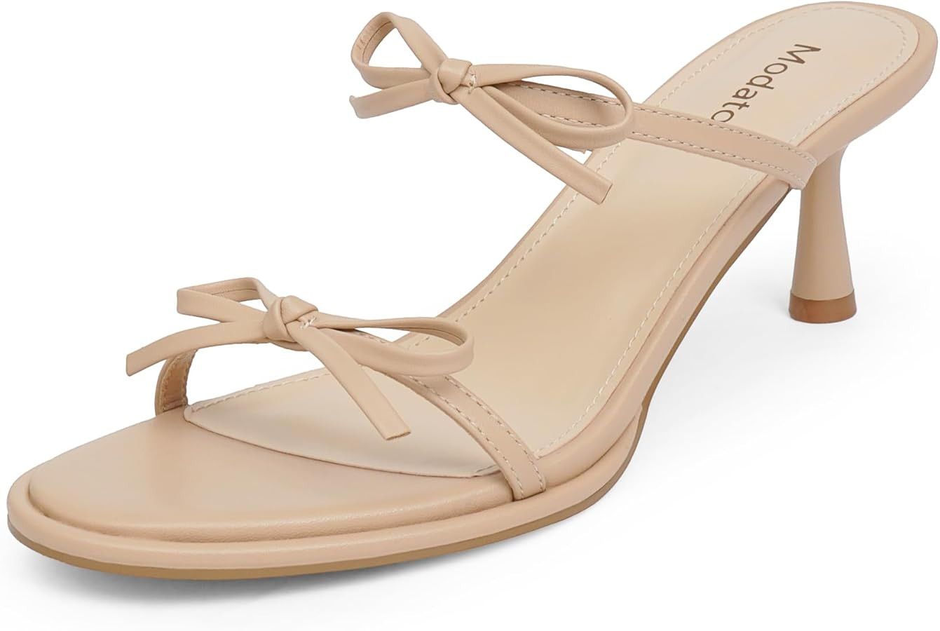 Modatope Two Strap Bow Tie Kitten Heel Sandals for Women Rounded Open Toe Heeled Sandals Women | Amazon (US)
