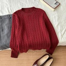 Encore Red Knitted Twist Cable Crew Neck Sweater, Autumn/Winter | SHEIN