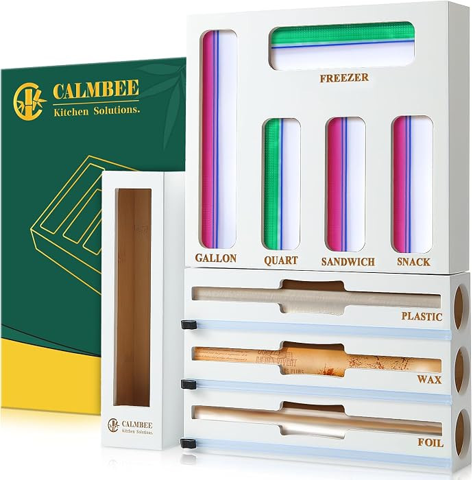 9 in 1 Bamboo Storage Bag Organizer for Kitchen Drawer – Plastic Wrap Dispenser with Cutter & Foil Organizer, Wooden Baggie Organizer for Sandwich, Snack, Gallon, Quart Sizes, White | Amazon (US)
