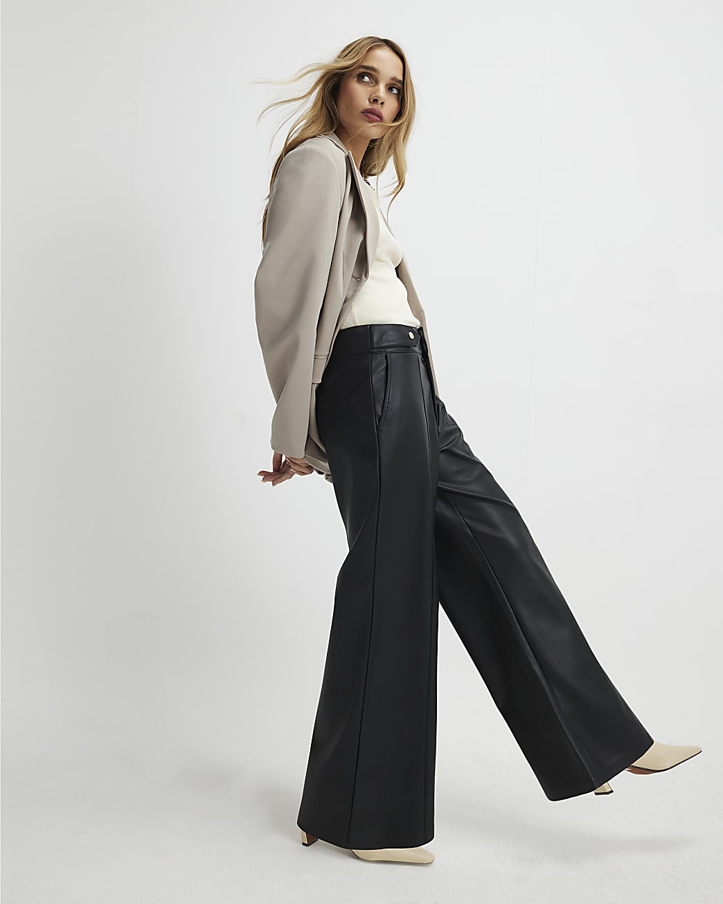 Black Faux Leather Wide Leg Trousers | River Island UK & IE