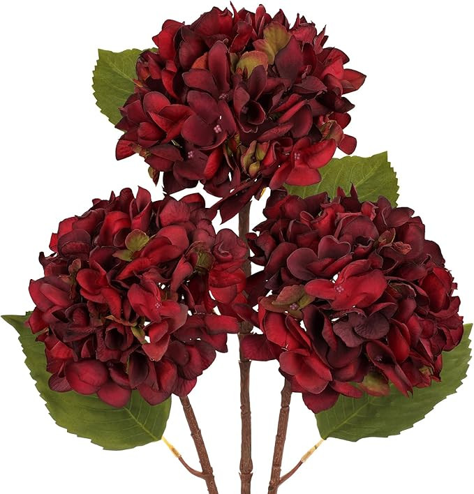 Hollyone 3Pcs Dark Red Hydrangea Artificial Flowers Faux Dried Touch Hydrangeas Silk Flowers with... | Amazon (US)