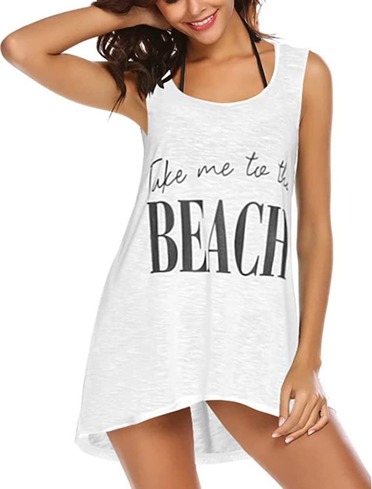 Ekouaer Women's Sleeveless Swimwear Coverups T-Shirt Beach Dress Tank Bikini Cover Up with Print | Amazon (US)