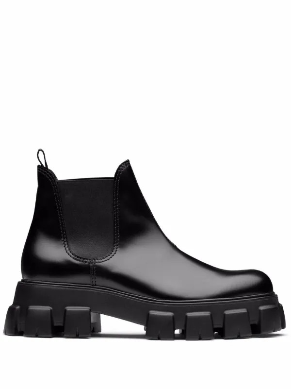 Prada Moonlith Brushed Leather Chelsea Boots | Black | FARFETCH UK | Farfetch Global