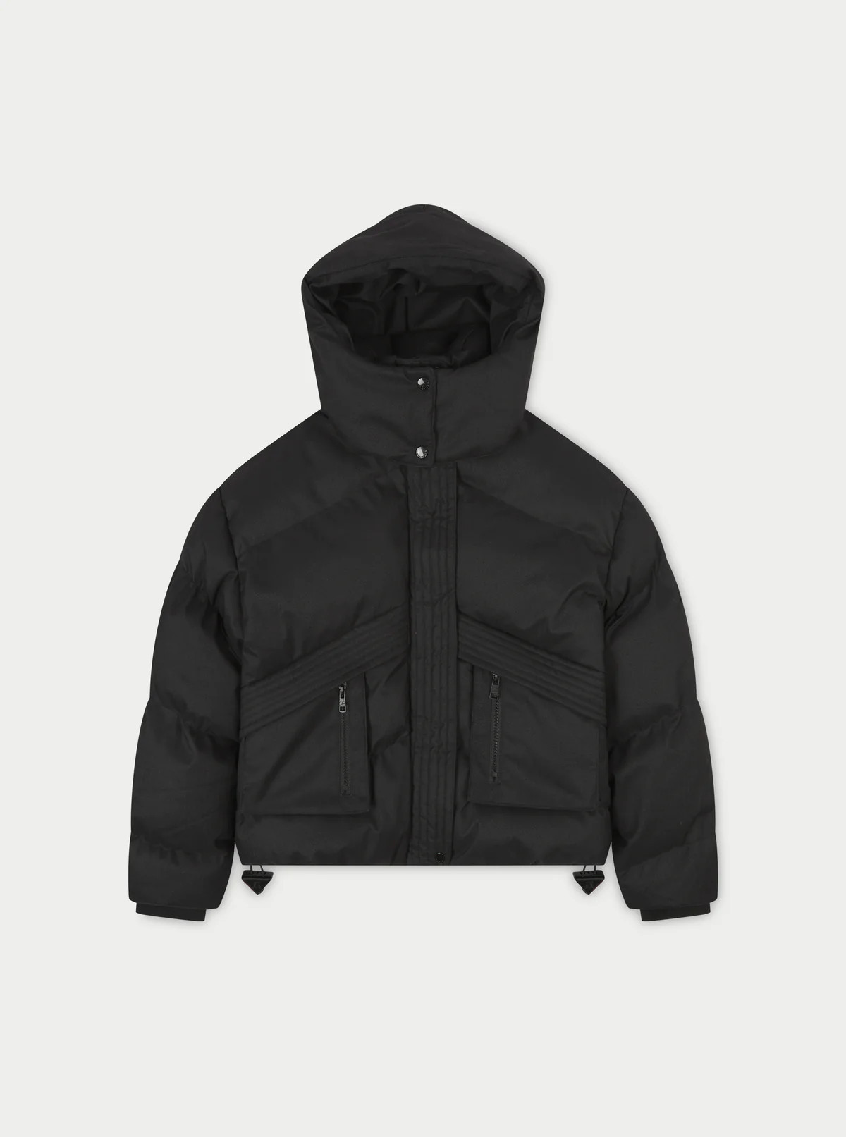 OVERSIZED TIE HEM PUFFER JACKET - BLACK | The Couture Club