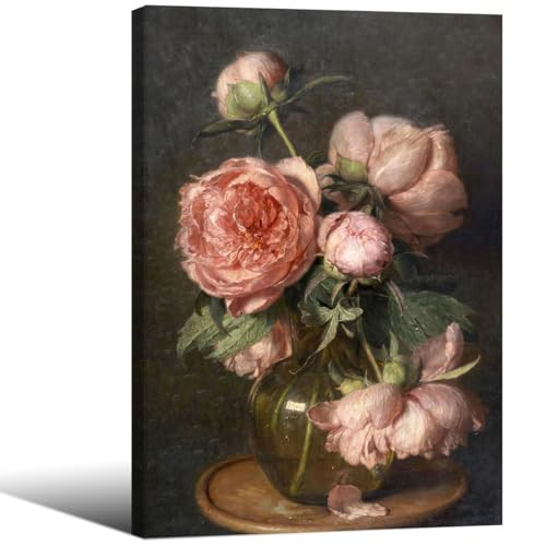 Vintage Peony Canvas Wall Art Classical Dark Pink Flower Art Prints (16x24inch Framed) Floral Oil Painting Aesthetic Farmhouse Room Wall Decor for Kitchen Office Gallery | Amazon (US)
