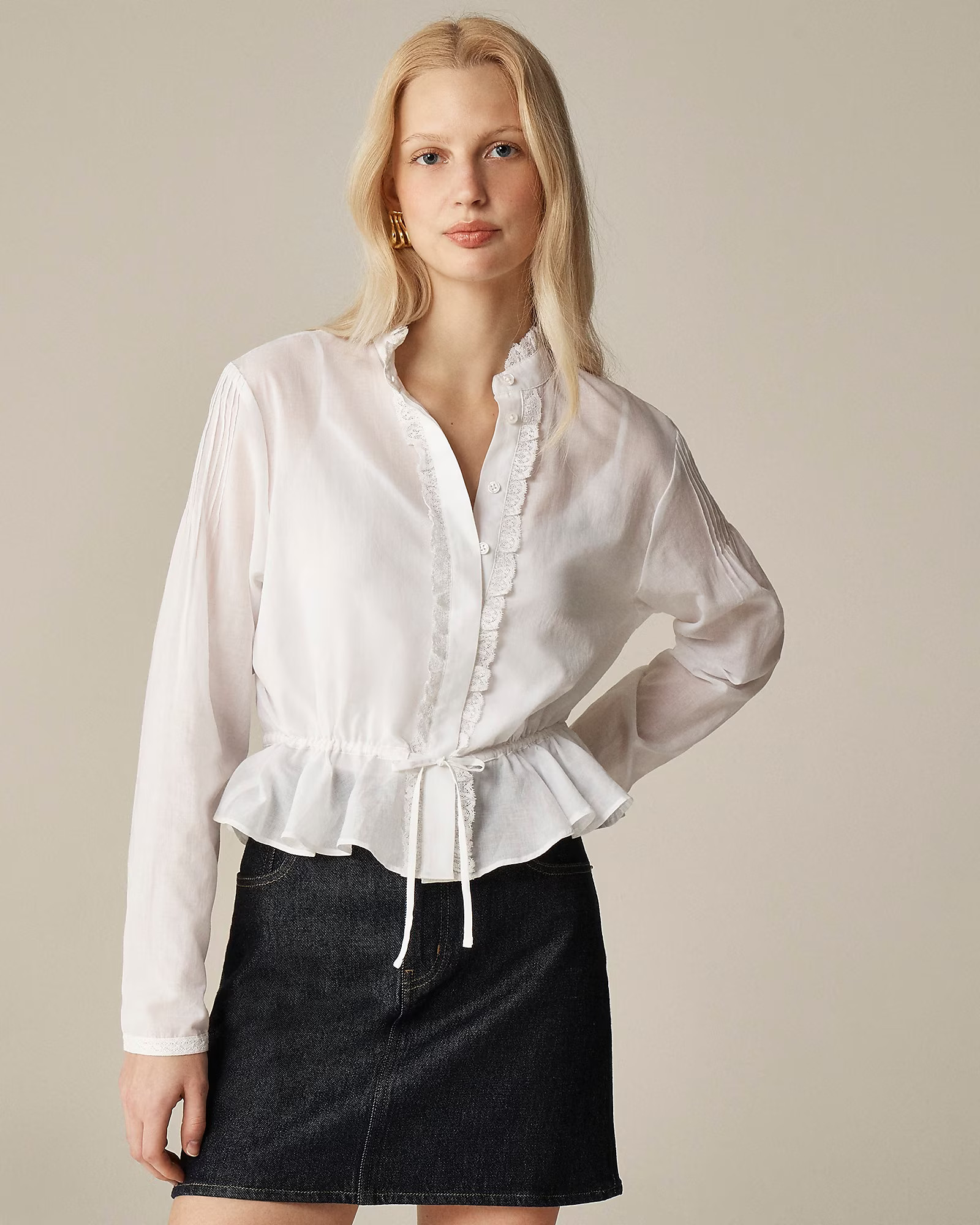 Lace-trim cinched-waist top in cotton voile | J. Crew US