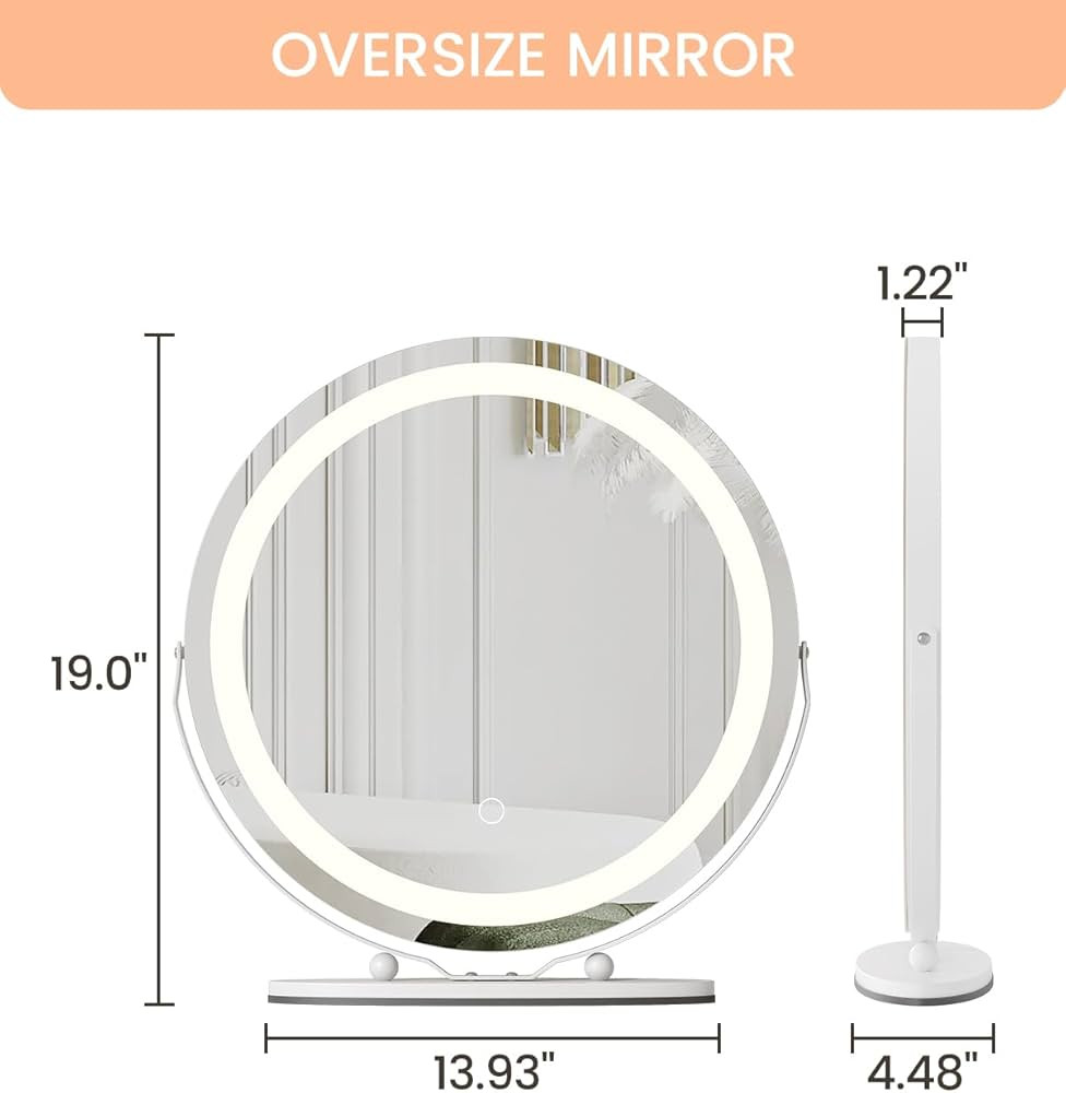 19 Inch Large Vanity Mirror with Lights, 3 Colors Dimmable Round Led Lighted Makeup Mirror for Dr... | Amazon (US)