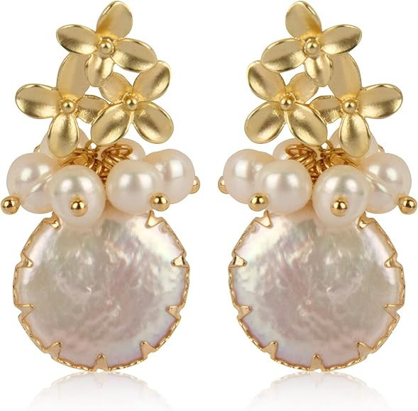 ELEXIS 18k Gold Baroque White Big Pearl Drop Earrings For Women Handmade Trendy Comfy Real Freshw... | Amazon (US)