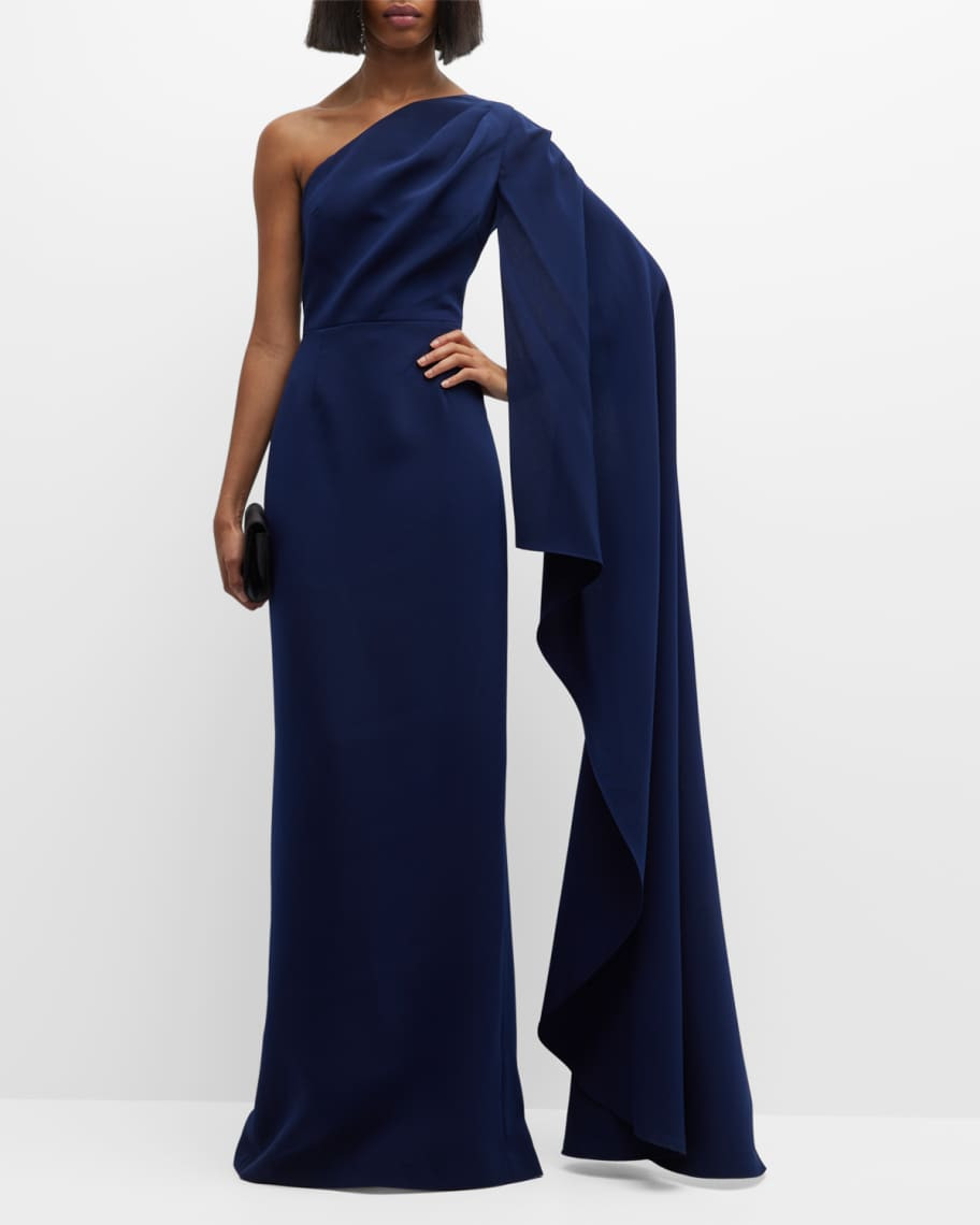 Rickie Freeman for Teri Jon Cape-Sleeve One-Shoulder Crepe Gown | Neiman Marcus
