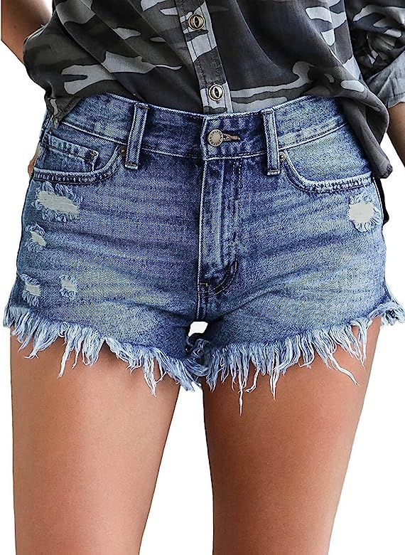 Women's Casual Denim Shorts Frayed Raw Hem Ripped Jeans Shorts | Amazon (US)