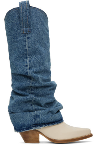 Blue & White Mid Cowboy Denim Sleeve Boots | SSENSE