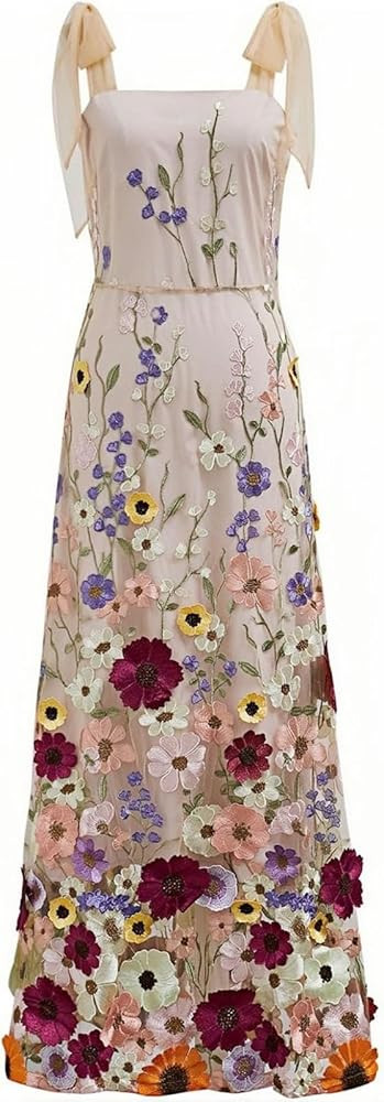 3D Floral Embroidery Prom Dress Tulle Floral Applique Maxi Dress Long Formal Evening Party Gowns | Amazon (US)