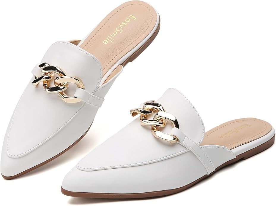Metal Chain Decor Flat Mules for Women Closed Pointed Toe Slip on Loafers Slides Backless Mules S... | Amazon (US)