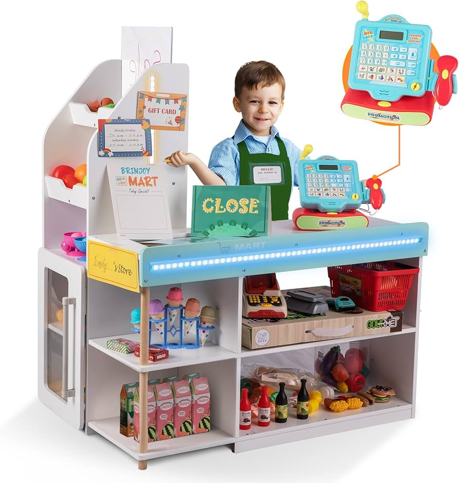BRINJOY Grocery Store Pretend Play, Kids Play Store Wooden Market Stand with LED Lights&Lighted A... | Amazon (US)