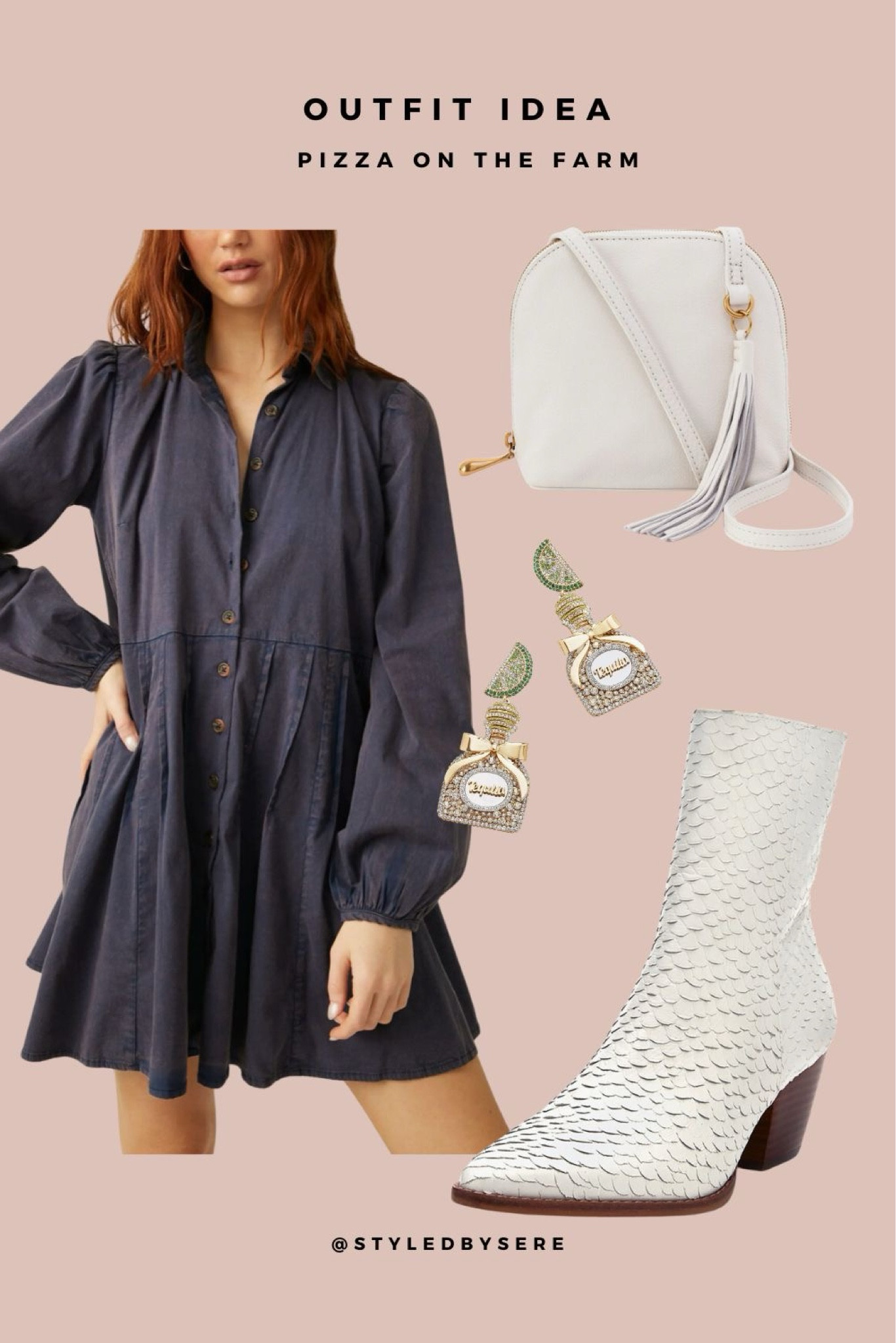 Dress up your date night on the farm with an adorable long sleeve mini dress. The button down front and flirty skirt plays up the country-bumpkin feel. Now add killer western boots, a clean crossbody bag, and fun statement earrings for a pop!

#LTKFestival #LTKParties #LTKShoeCrush