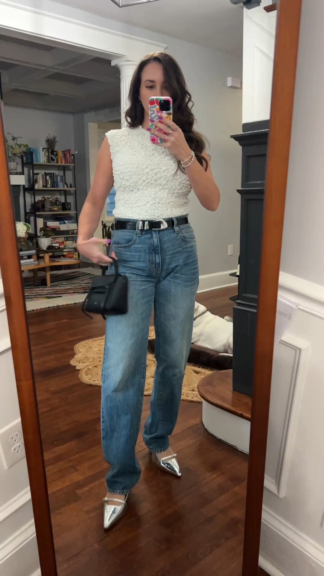 silver shoes. silver heels. jeans and heels. outfit. date night. white top. scrunchy white top. casual date night. celine belt bag. rent the runway. 

 #LTKSaleAlert #LTKShoeCrush #LTKWatchNow