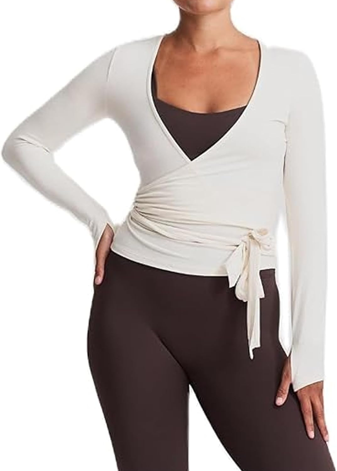 Y2k Ballet Pilates Wrap Top for Women Long Sleeve Deep V Neck Tie Front Workout Yoga T Shirt Blouses Sports Tops | Amazon (UK)