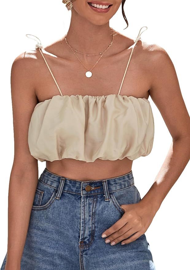 OYOANGLE Women's Sleeveless Spaghetti Strap Tie Shoulder Ruched Crop Cami Tops Camisole | Amazon (US)