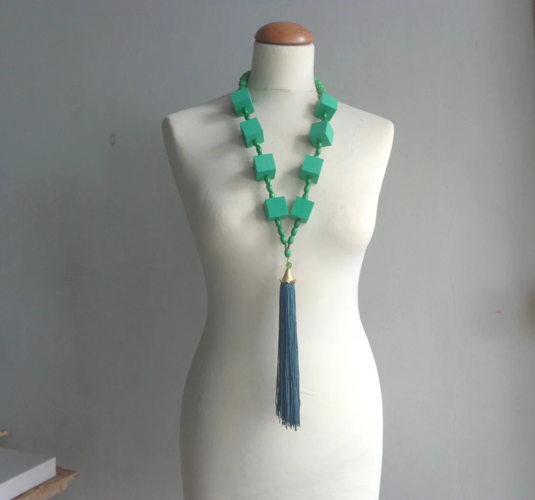 Green long necklace, tassel necklace, modern long statement necklace | Etsy (US)