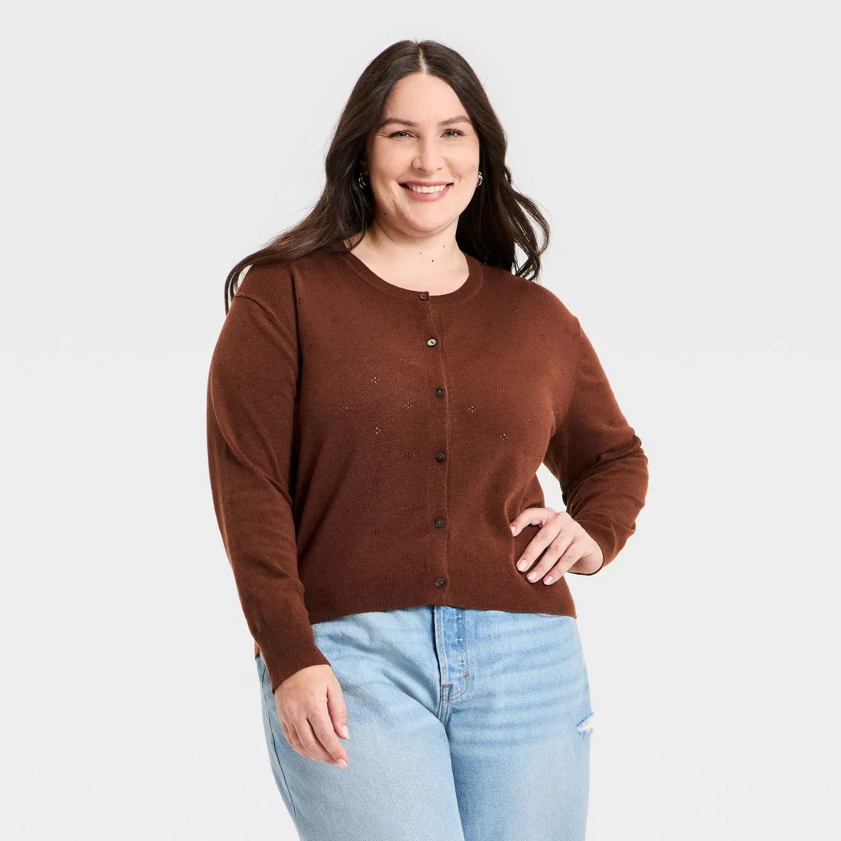 Women's Button-Up Pointelle Cardigan -  A New Day™ Brown XXK | Target