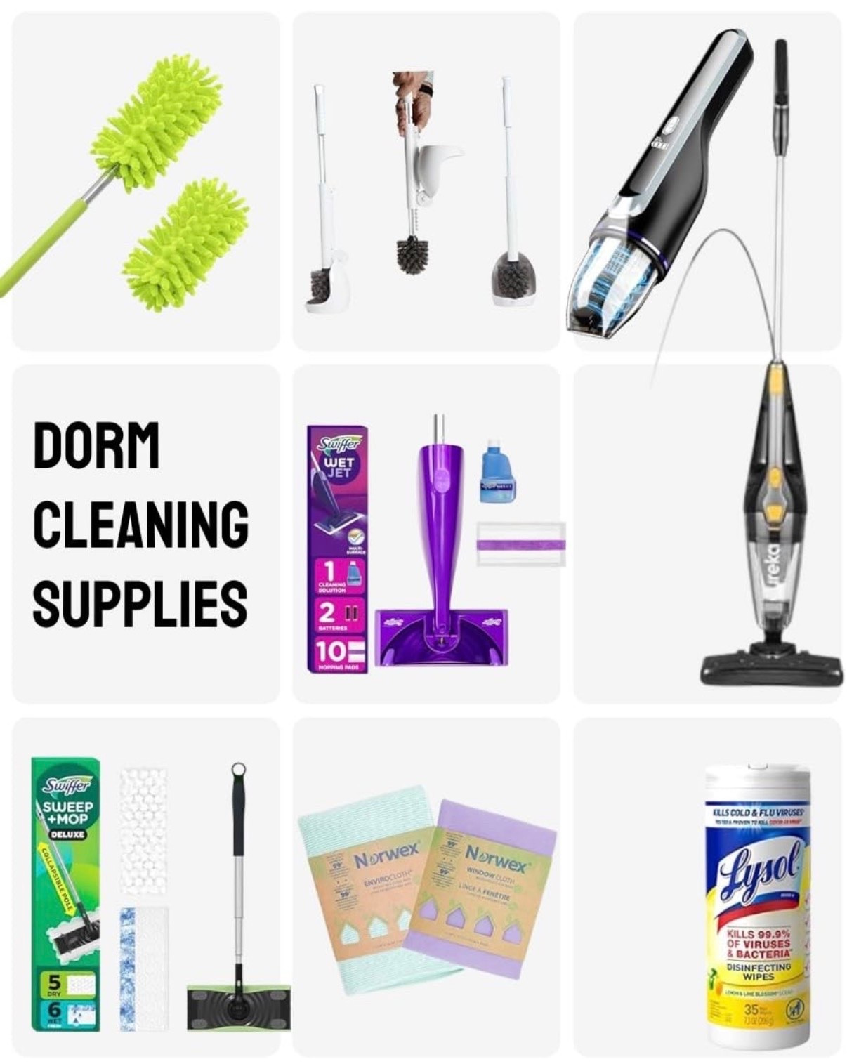 Dorm cleaning supplies that actually make it easier for college kids to keep their rooms clean, compact vacuums, Swiffer mops, disinfecting wipes, toilet brushes, microfiber cleaning cloths, and dusters for tight dorm spaces. Small cleaning tools that work well in shared bathrooms, tiny dorm rooms, and college apartments without taking up a lot of storage space.

#LTKU #LTKHome