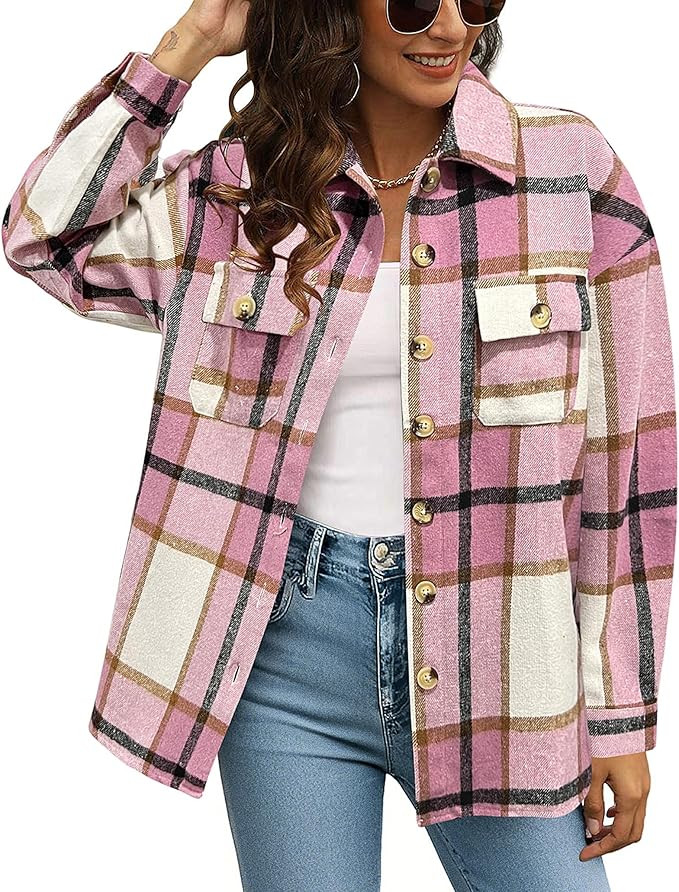 HOTOUCH Flannel Shirts for Women Shoulder Drop Plaid Coat Boyfriend Button Down Shacket Jackets O... | Amazon (US)