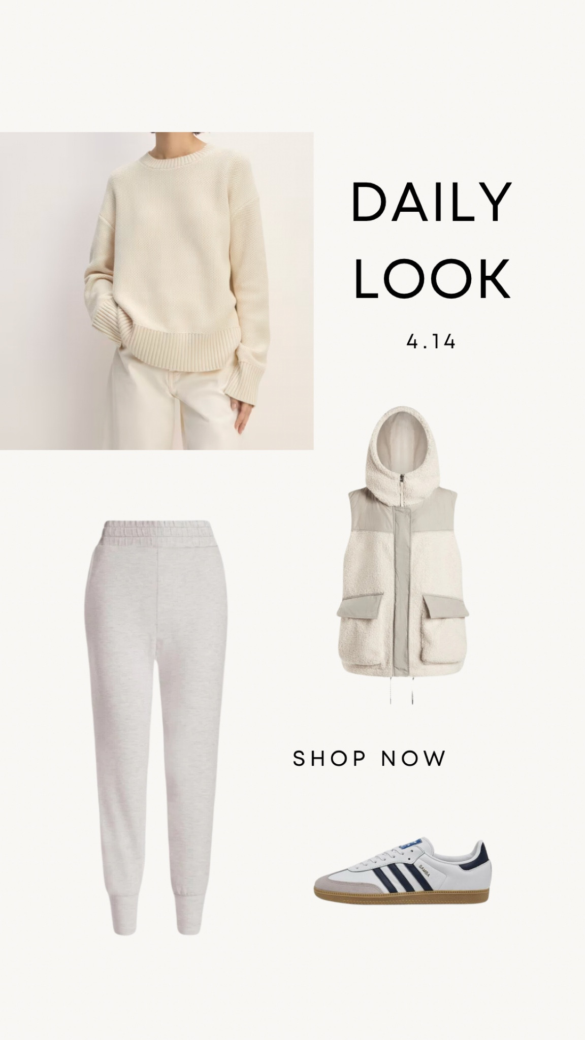 Daily Look 4.14 | athleisure in cream sweater, the best joggers, gilet and adidas samba. This is my go-to lounge look. 

#LTKfitness #LTKstyletip #LTKActive