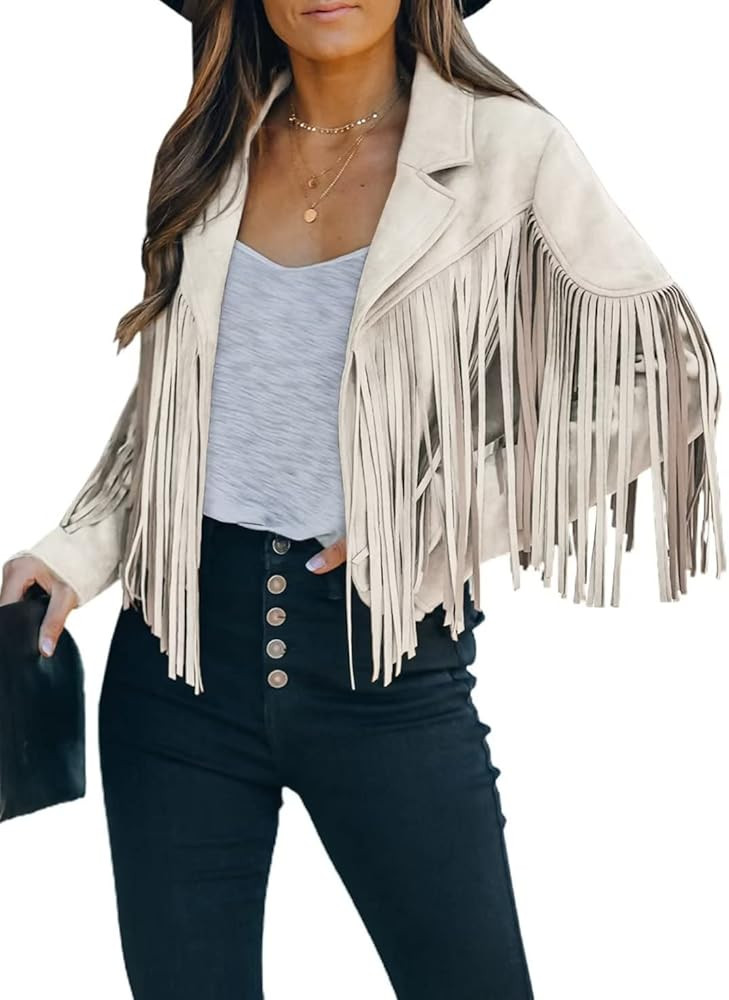 FARYSAYS Womens Cropped Fringe Faux Suede Leather Motorcycle Jackets | Amazon (US)