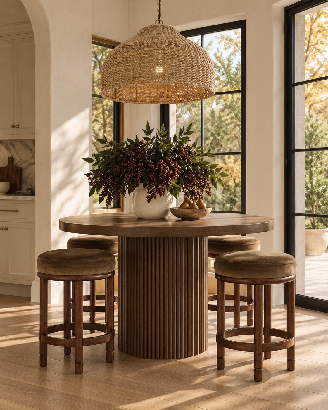 I love this cozy kitchenette table for morning breakfast or quick easy meals at night! The prettiest details—warm reeded wood, soft velvet seats, and woven lighting!

#LTKHome