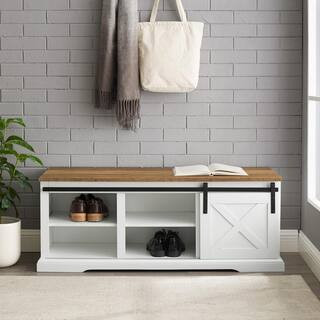 Welwick Designs 48 in. White / Reclaimed Barnwood Sliding Barn Door Entry Bench HD8410 | The Home Depot