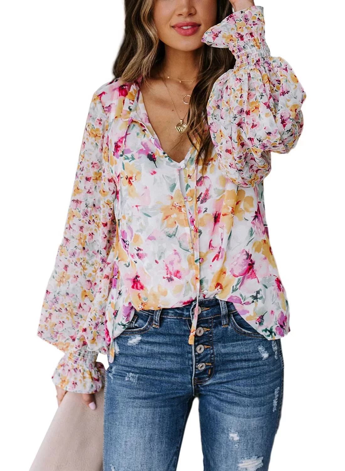 Dearlove Spring Blouses for Women Boho Floral Print V Neck Tops Casual Puff Sleeve Drawstring Tun... | Walmart (US)