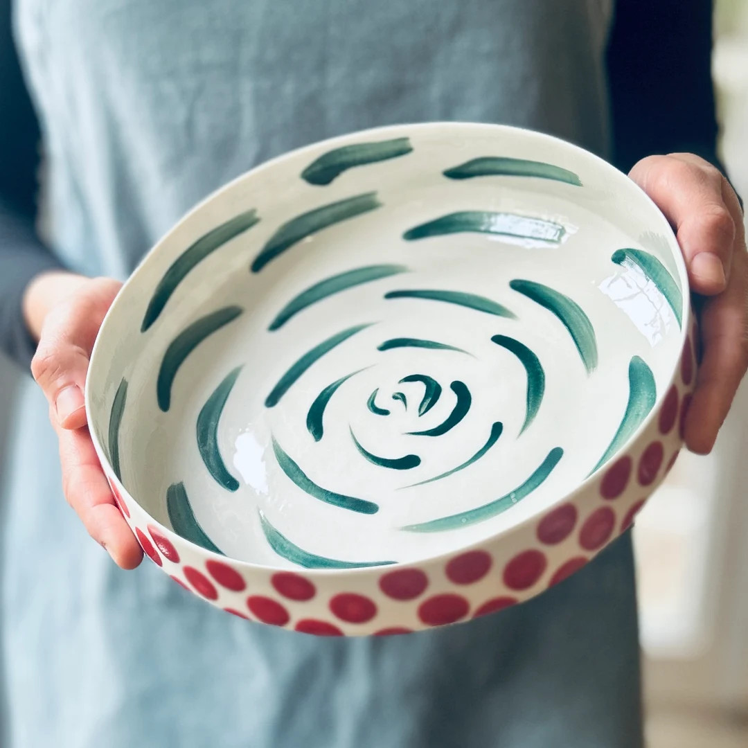 Modern Green & Red Fine Porcelain Large U Bowl Dots and - Etsy | Etsy (US)
